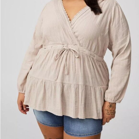 torrid Tops - Torrid Beige lace tiered faux Wrap Blouse